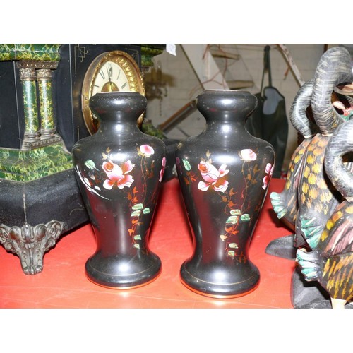 227 - PAIR OF BLACK ART NOUVEAU VASES WITH PINK FLORAL DECORATION