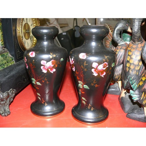 227 - PAIR OF BLACK ART NOUVEAU VASES WITH PINK FLORAL DECORATION