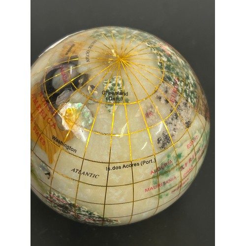 1 - SEMI PRECIOUS STONE INLAID WORLD GLOBE - 8CM DIA