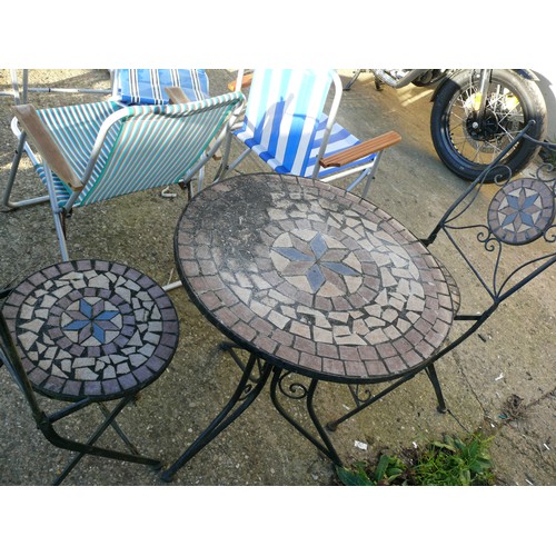 529 - WROUGHT IRON BISTRO SET WITH MOSAIC INSERTS TO TABLE AND CHAIR