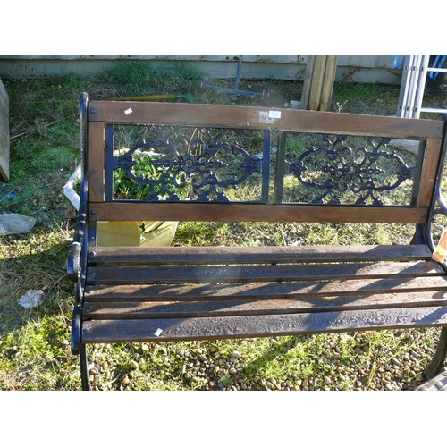 544 - ANOTHER SLATTED GARDEN BENCH WITH CAST IRON ENDS, THE BACK PANEL HAS COME LOOSE