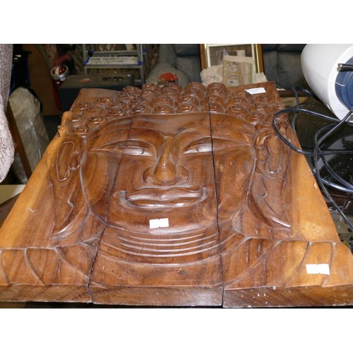 385 - CARVED WOODEN WALL ART OF BHUDDAS FACE, 3x PANELS IN TEAK OR MANGO WOOD.