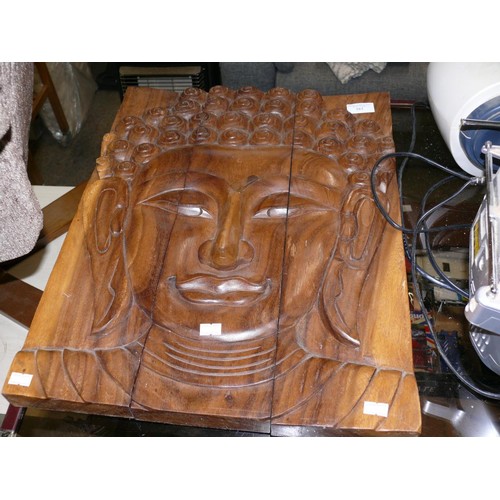 385 - CARVED WOODEN WALL ART OF BHUDDAS FACE, 3x PANELS IN TEAK OR MANGO WOOD.