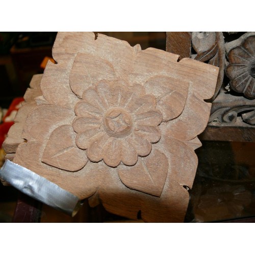 387 - CARVED ASIAN MANGO WOOD BRACKETS (x4) AND FLOWER PANELS (x6).