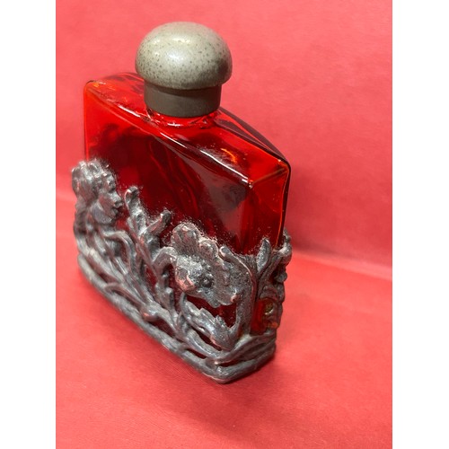 43 - VINTAGE RUBY GLASS PERFUME BOTTLE WITH DECORATIVE PEWTER DETAIL