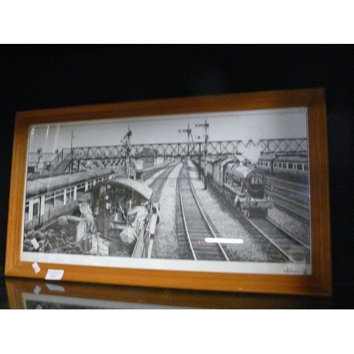 443 - 2 LARGE FRAMED AND GLAZED BLACK AND WHITE TRAIN PRINTS