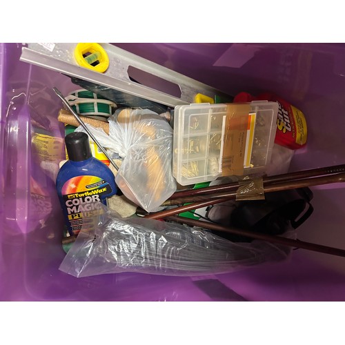 360 - 4x USEFUL PLASTIC CRATES FULL OF TOOLS, IRONMOGERY, SCREWS, HARD CASE, HOSE, FIXINGS ETC.