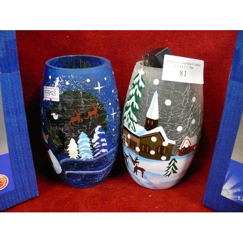 81 - 2 LIGHT UP CHRISTMAS VASES 1 WITH SNOWMAN AND I WITH HOUSE DECORATION