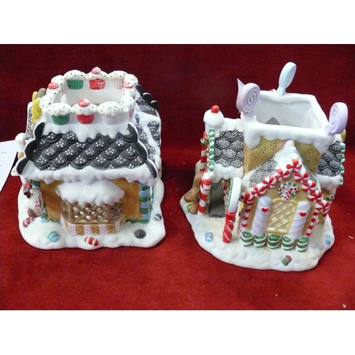 100 - PAIR OF CHRISTMAS GINGERBREAD HOUSE CANDLEHOLDERS BY PARTYLITE PLUS A PAIR OF AFRICAN ANIMAL THEMED ... 