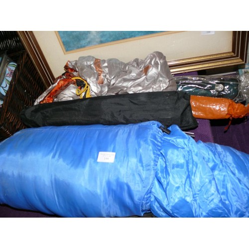 159 - QUANTITY OF CAMPING EQUIPMENT SLEEPING BAG, FOLDING CHAIR ETC