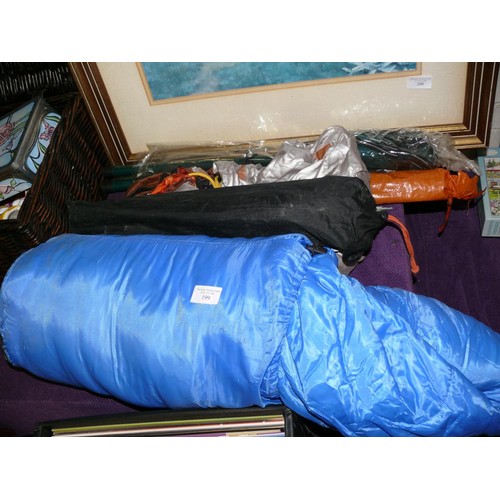 159 - QUANTITY OF CAMPING EQUIPMENT SLEEPING BAG, FOLDING CHAIR ETC