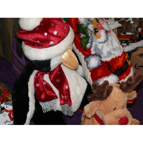 113 - MIXED CHRISTMAS LOT WITH 3 CHRISMAS TREES OF VARIOUS SIZES, SANTA SACK, CUSHION AND CUDDLY PENGUIN