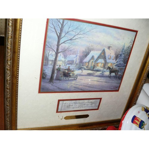 187 - A THOMAS KINKADE CHRISTMAS PICTURE FRAMED AND GLAZED PLUS A PERFECT RED ROSE AND A FUTHER PICTURE BY... 