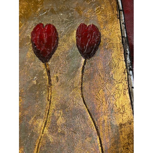 422 - TWO MODERNIST STYLE ORIGINAL ART WORKS  - RED TULIPS AND SHADES OF GOLD & BROWN