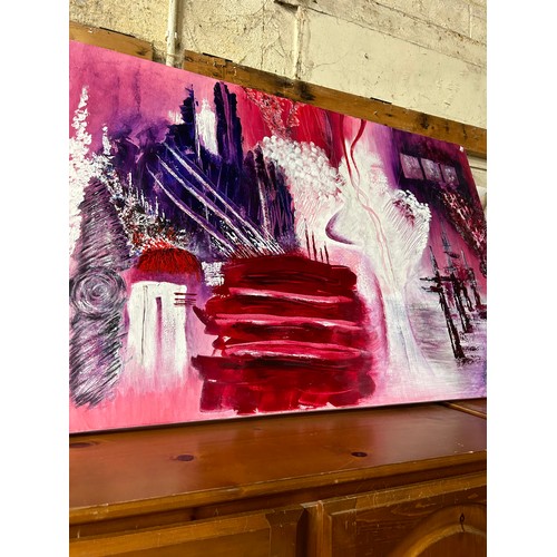 419 - VERY LARGE ORIGINAL MODERNIST OIL ON CANVAS - ABSTRACT PINKS AND PURPLES, SIGNED C PURDEY - 48