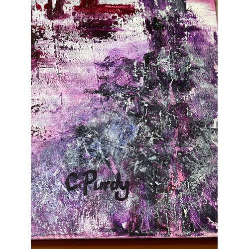 419 - VERY LARGE ORIGINAL MODERNIST OIL ON CANVAS - ABSTRACT PINKS AND PURPLES, SIGNED C PURDEY - 48