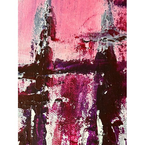 419 - VERY LARGE ORIGINAL MODERNIST OIL ON CANVAS - ABSTRACT PINKS AND PURPLES, SIGNED C PURDEY - 48