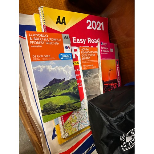 413 - MIXED LOT OF WATER FLASKS, TYRE INFLATOR, FIRST AID KIT ALSO ROAD MAPS & OS MAPS