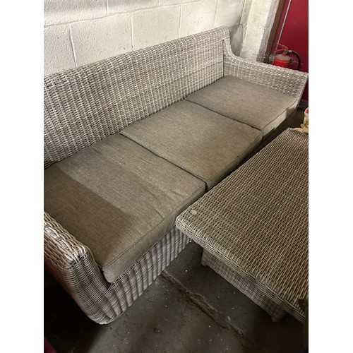 408 - GREY WICKER EFFECT PATIO 3 SEATER SOFA BY AVANT GARDE AND MATCHING LOW TABLE