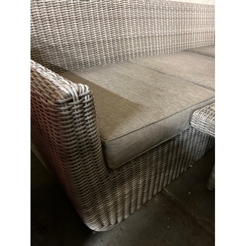 408 - GREY WICKER EFFECT PATIO 3 SEATER SOFA BY AVANT GARDE AND MATCHING LOW TABLE