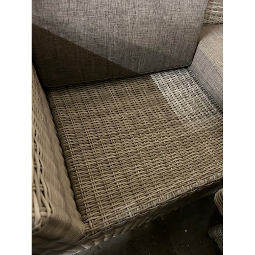 408 - GREY WICKER EFFECT PATIO 3 SEATER SOFA BY AVANT GARDE AND MATCHING LOW TABLE