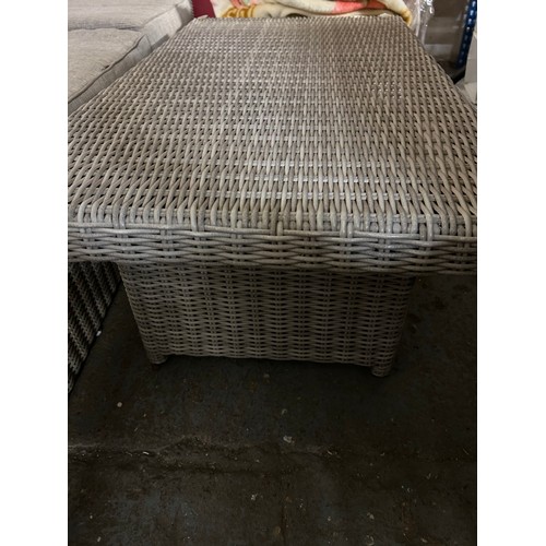 408 - GREY WICKER EFFECT PATIO 3 SEATER SOFA BY AVANT GARDE AND MATCHING LOW TABLE