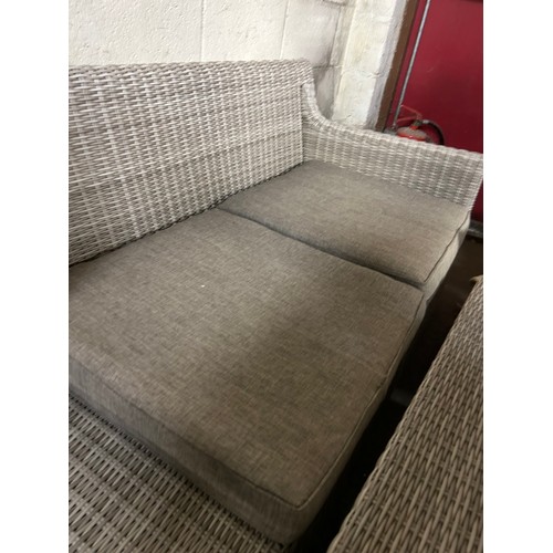 408 - GREY WICKER EFFECT PATIO 3 SEATER SOFA BY AVANT GARDE AND MATCHING LOW TABLE