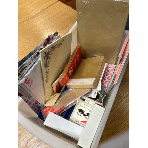 399 - BOX OF VINTAGE STATIONERY -NOTELETS, CARDS, CLOAKROOM TICKETS, RECEIPT BOOK ETC , BUFF ENVELOPES (NE... 