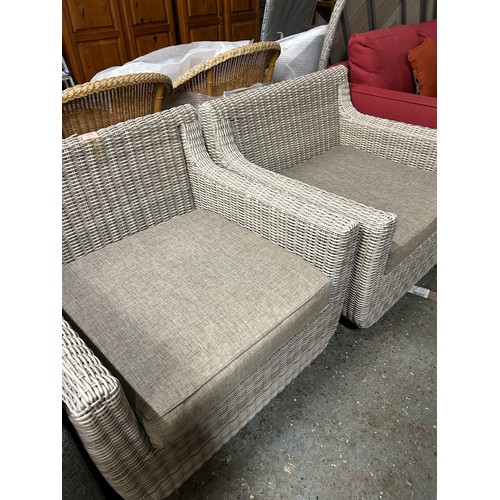 372 - PAIR OF LARGE CONTEMPORARY WICKER ARMCHAIRS WITH SEAT CUSHIONS - SWIVEL CHAIRS