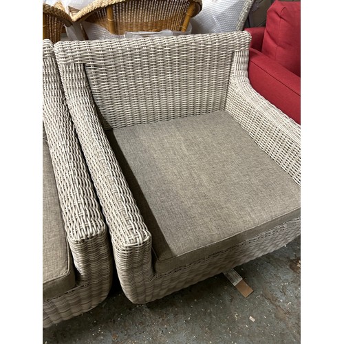 372 - PAIR OF LARGE CONTEMPORARY WICKER ARMCHAIRS WITH SEAT CUSHIONS - SWIVEL CHAIRS