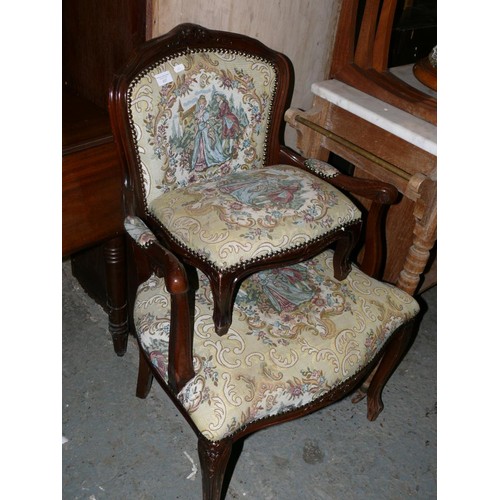 437 - 20thC Louis XV style armchair with footstool. Beech frame with tapestry style upholstery.