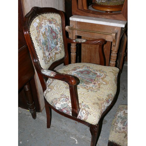 437 - 20thC Louis XV style armchair with footstool. Beech frame with tapestry style upholstery.