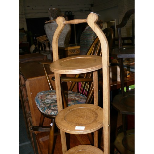 445 - 2x vintage wooden folding tiered cake stands, one mahogany, one blonde oak.