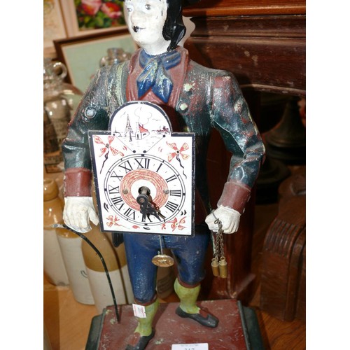 317 - Vintage J.V.E Holland peddlar mantle clock. A cast iron figure of a Dutch clock street seller/peddla... 