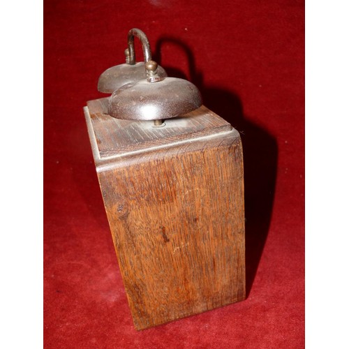 318A - Early 20thC wind up alarm clock, oak case with a second dial and striking bells on top. WORKING.