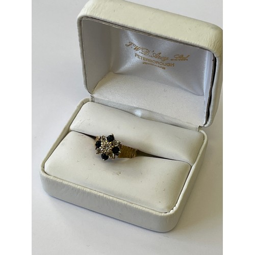 23 - A 9CT GOLD BRUTALIST MODERNIST RING, SET WITH DIAMONDS AND SAPPHIRES, CIRCA 1972, SIZE N, WEIGHT 2.9... 