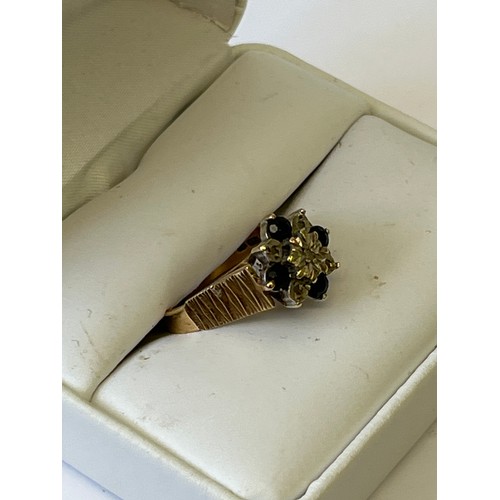 23 - A 9CT GOLD BRUTALIST MODERNIST RING, SET WITH DIAMONDS AND SAPPHIRES, CIRCA 1972, SIZE N, WEIGHT 2.9... 