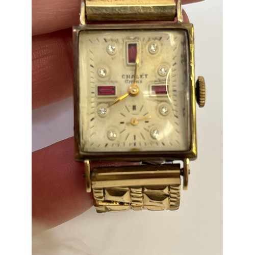 10 - CHALET/CHARLES AERNI 14CT GOLD MANUAL WIND LADIES WRISTWATCH, c1940s with jewelled dial ruby and dia... 