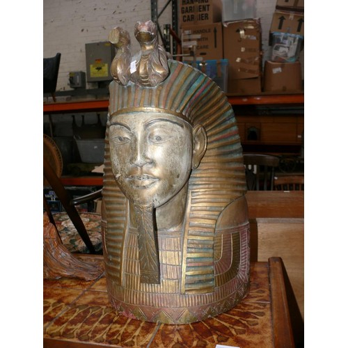 108 - Large carved wooden King Tut Egyptian bust. 52cm tall. 33cm wide at base.