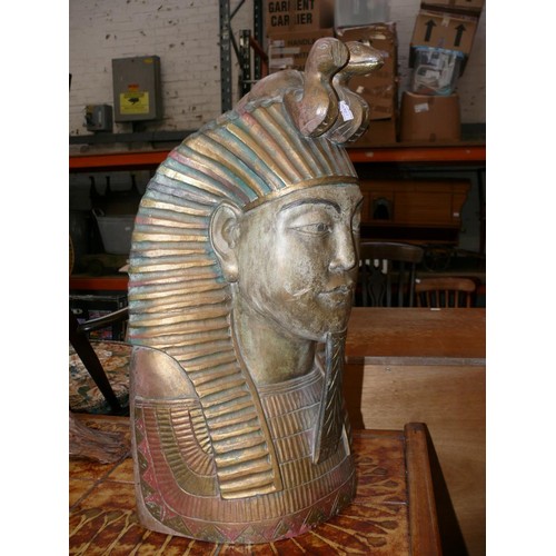 108 - Large carved wooden King Tut Egyptian bust. 52cm tall. 33cm wide at base.