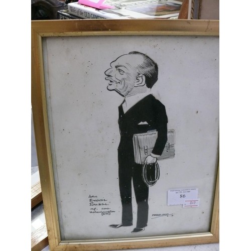 86 - An original pen & ink framed caricature drawing of Enoch Powell, together with a framed pastel profi... 