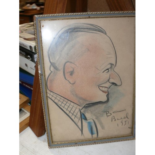 86 - An original pen & ink framed caricature drawing of Enoch Powell, together with a framed pastel profi... 