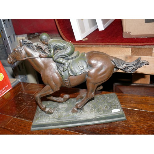 98A - Bronze effect (resin) galloping race horse figure statue, marked on base Crosa 1997.