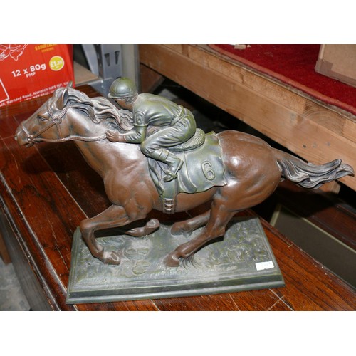 98A - Bronze effect (resin) galloping race horse figure statue, marked on base Crosa 1997.