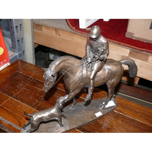 98 - David Geenty bronze effect (resin) statue of a mounted huntsman carrying a terrier, with another Hou... 