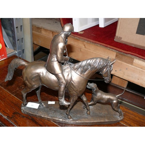 98 - David Geenty bronze effect (resin) statue of a mounted huntsman carrying a terrier, with another Hou... 