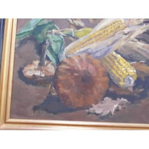 508 - Autumnal still life study of harvest bounty, Hilary Sladen, depicting corn, mushrooms and small pump... 