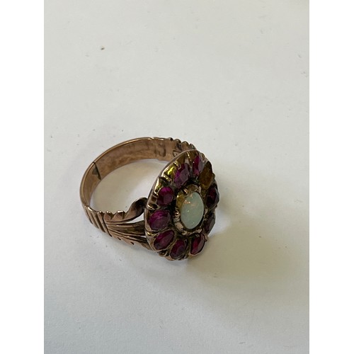 5 - A 19TH CENTURY 15CT GOLD OPAL AND RUBY ONE STONE MISSING. SIZE N WEIGHT (TESTING AS LIKELY 15CT, NOT... 