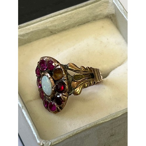 5 - A 19TH CENTURY 15CT GOLD OPAL AND RUBY ONE STONE MISSING. SIZE N WEIGHT (TESTING AS LIKELY 15CT, NOT... 