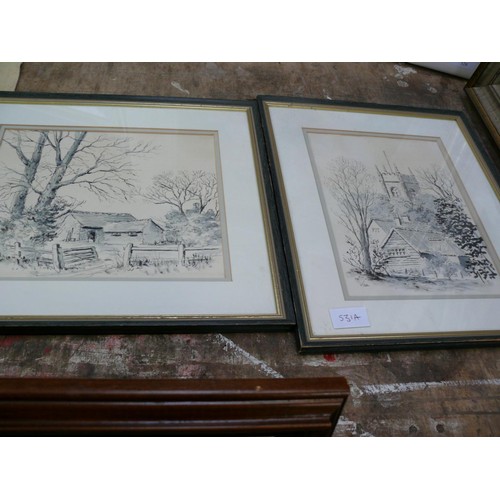 531A - Pair of framed Ink drawings of rural village scenes, 1x church and 1x farm building. Signed Voss in ... 